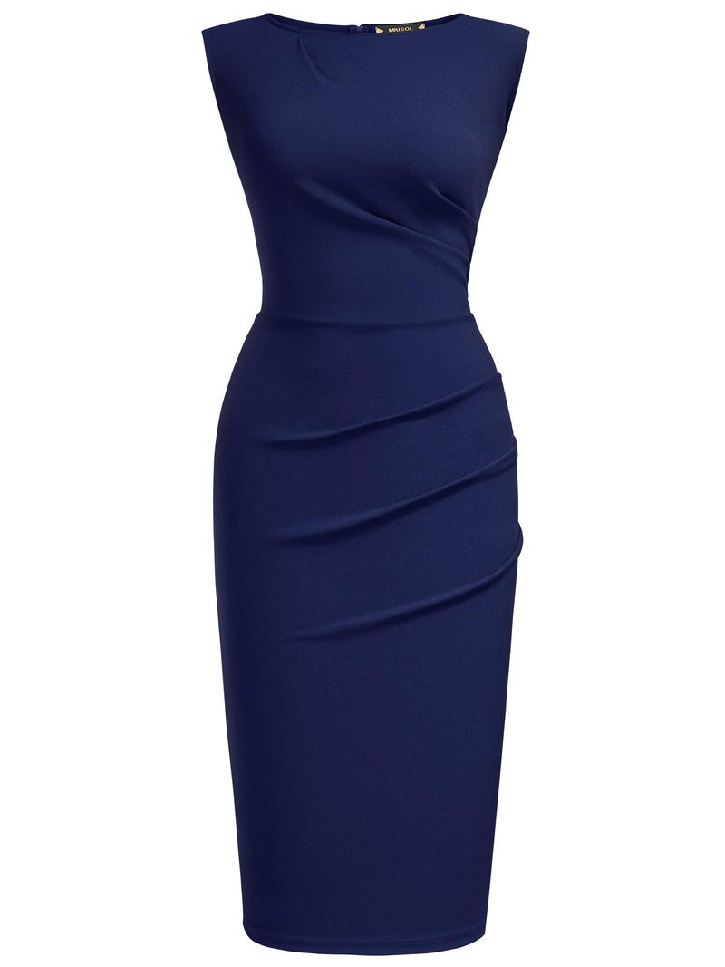 Miusol Women's Retro Ruffle Style Slim Work Pencil Dress (Large, Navy Blue) - Image 4